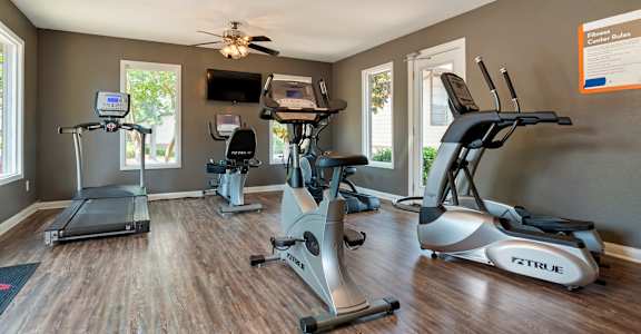 A gym with treadmills, elliptical machines, and a fan at Lakeshore Landing Apartments, Mississippi