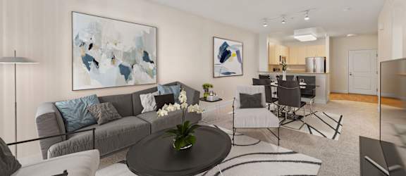 a living room with a couch and a table