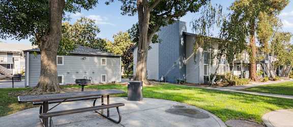 A park with a picnic table and a tree.
