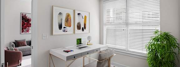 A room with a desk, a chair, a potted plant, and pictures on the wall.