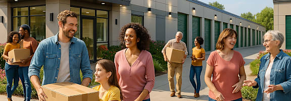 A group of people are walking outside a self storage facility.