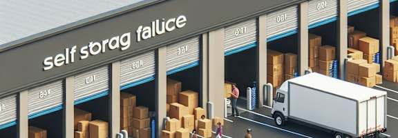 A busy scene of people and vehicles around a self storage facility.