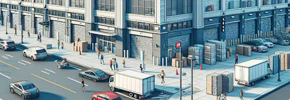 A street scene with cars, trucks, and pedestrians in front of a large building.