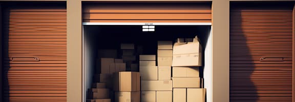 a garage filled with boxes and rolling doors