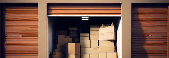 A storage unit with boxes piled up in the doorway.