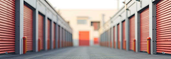 A long corridor with red doors on both sides.