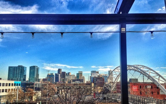 a view of the city skyline from a window