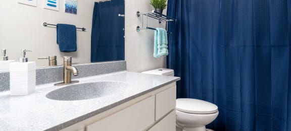 a bathroom with a blue shower curtain and a toilet and sink