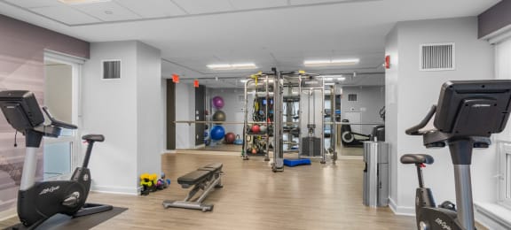 Fitness center at The Amelia Apartments in Quincy, MA