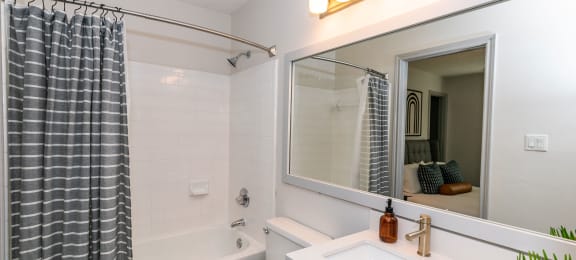 a bathroom with a sink and a mirror and a tub at Briarcliff Apartments, Georgia, 30329