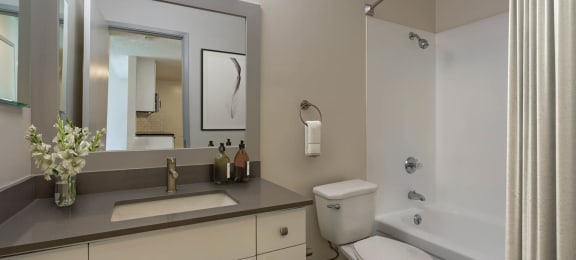a bathroom with a sink and a toilet and a tub at Delphine on Diamond, California