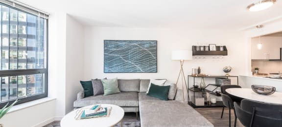 spacious living area with tile flooring | North Harbor Tower Apartments in Chicago, IL