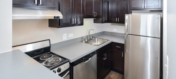 a kitchen with stainless steel appliances and black cabinets at River North Park Apartments, Illinois, 60654