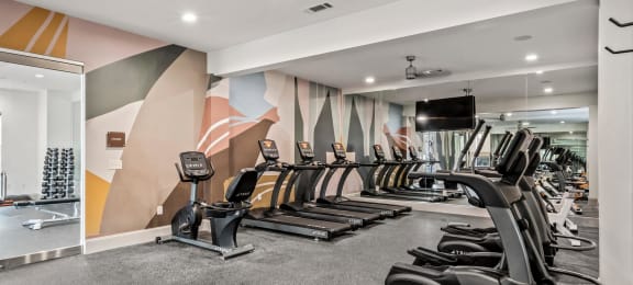a gym with rows of cardio machines and a wall mural