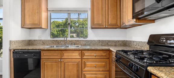 Van Nuys CA Apartments for Rent - Colonial Manor - Traditional Kitchen with Black Appliances, Sandy Countertops, Dark Tan Cabinetry, Window, and Overhead Lighting