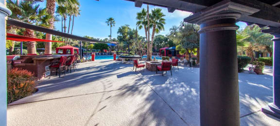 Community Patio BBQ Grills, Fire Pit & Pool at Mission Palms Apartments in Tucson, AZ
