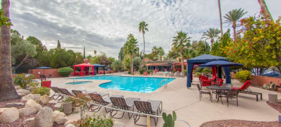 Pool, Pool Patio & Cabanas at Mission Palms Apartments in Tucson, AZ