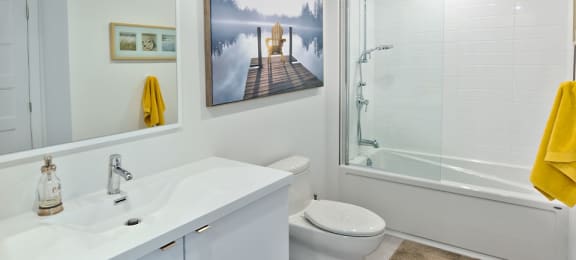 Lumineau in Sherbrooke, QC bathroom with full sized bathtub and large mirror