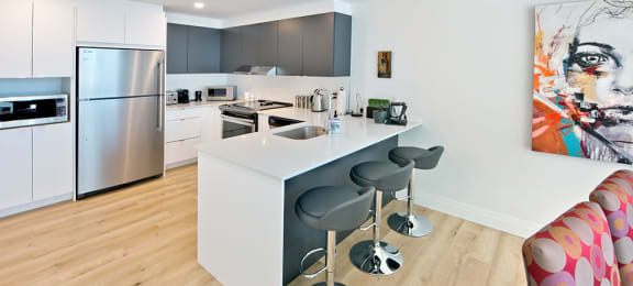 Lumineau in Sherbrooke, QC kitchen with stainless steel appliances and breakfast bar