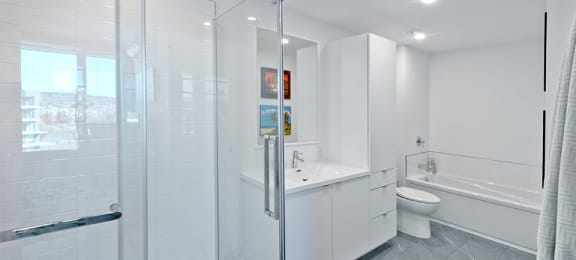 Lumineau in Sherbrooke, QC large bathroom with stand up and full sized bathub