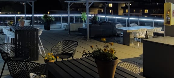 Lynn Creek in North Vancouver, BC drone image of rooftop patio night
