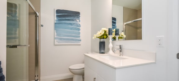 Primary bedroom ensuite bathroom with a walk-in shower, toilet and white vanity in a 2 bed + den 2 bath variation E in building A at Trio on Belmont in Kitchener, ON