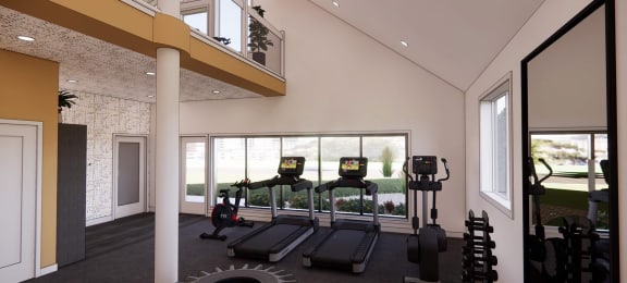 a rendering of a fitness room with treadmills and other exercise equipment