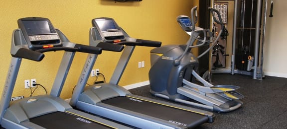 Fitness room with two treadmills, eliptical, and cable machine