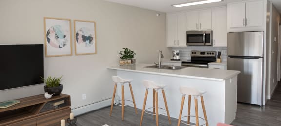 Studio unit with open concept kitchen and living area.