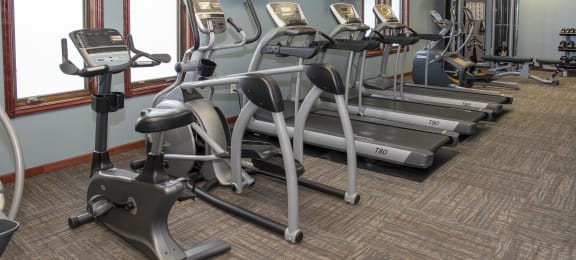 Fitness center equipped with treadmills, strength training machines, bikes, and more.