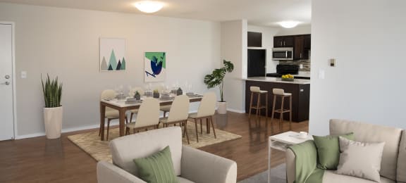 Open Dining and Living Room with Dining Table and Chairs