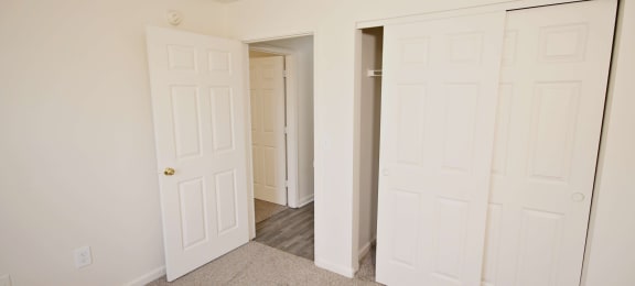 a bedroom with two closets and a door to a hallway