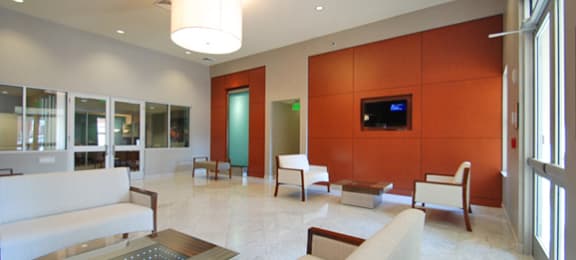 Leasing office with seating areas; offices