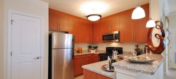 Kitchen with granite countertops; stainless steel appliances; open to living area