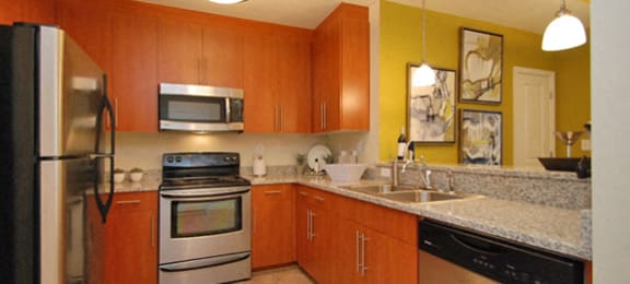 Kitchen with stainless steel appliances; granite countertops; open to living room