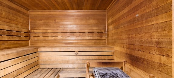 a wooden sauna with two benches and a table