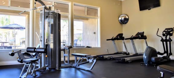 community fitness center with various weight machines, treadmills, and elliptical