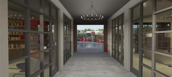 a rendering of a hallway with glass doors and a chandelier at Marketside Villas at Verrado, Buckeye, AZ