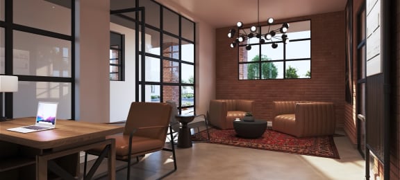 a rendering of a living room with brown couches and a table with a laptop on it at Marketside Villas at Verrado, Arizona, 85396