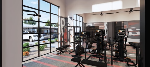 a rendering of a gym with cardio equipment and a large window at Marketside Villas at Verrado, Arizona, 85396