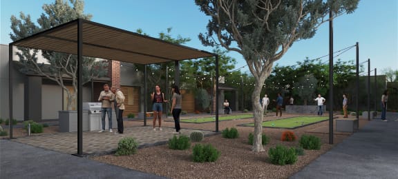 a rendering of the park with people standing in front of a pavilion and a grassy at Marketside Villas at Verrado, Buckeye, AZ