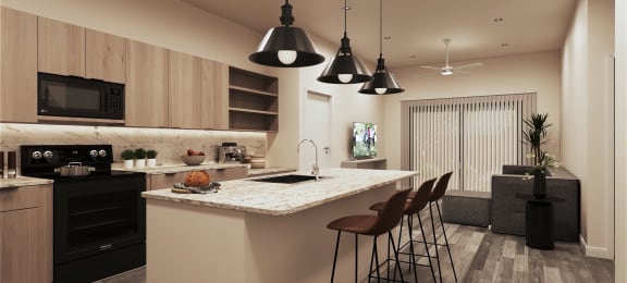 a rendering of a kitchen and living room with a large island with a sink at Marketside Villas at Verrado, Buckeye Arizona