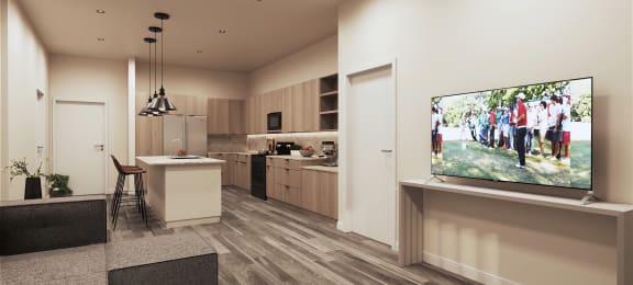 a rendering of a kitchen and living room with a large screen tv on the wall at Marketside Villas at Verrado, Buckeye, AZ 85396