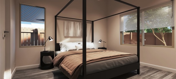 a render of a bedroom with a four poster bed at Marketside Villas at Verrado, Arizona