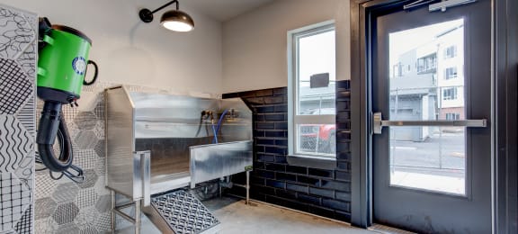 a laundry room with a sink and a door to a street