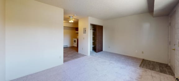 an empty living room with white walls and beige carpet