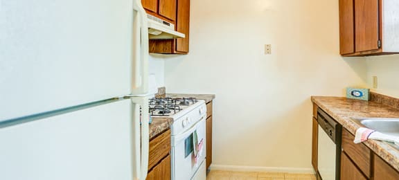 Williamsburg on the Lake Valparaiso Townhome Kitchen is Fully Equipped with Refrigerator, Stove, Dishwasher, Sink, and Cabinets