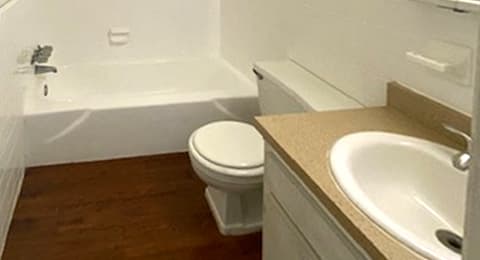 bathroom with plank style floor, vanity sink, toilet, and shower/tub