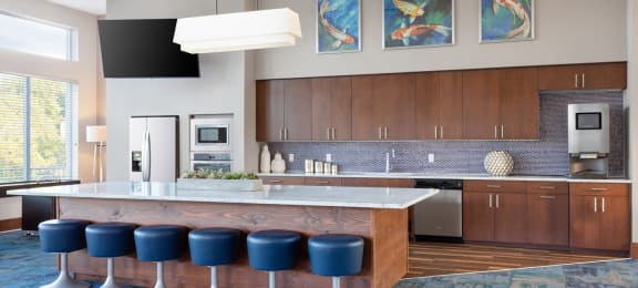 clubhouse kitchen with a large island and blue stools