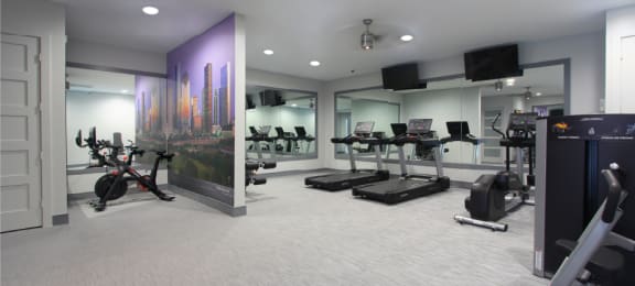 Newly remodeled Fitness Center open 24/7 with brand new Life Fitness equipment including 1 peloton bike, 4 resistance machines, 2 treadmills, 1 life cycle, 1 elliptical, full rack of free weights and dumbbells and water bottle refill fountain at Tuscany Apartments in Houston.